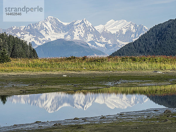 Die Fairweather Range spiegelt sich in ruhigem Wasser  Fern Harbour  Glacier Bay National Park  Alaska  USA