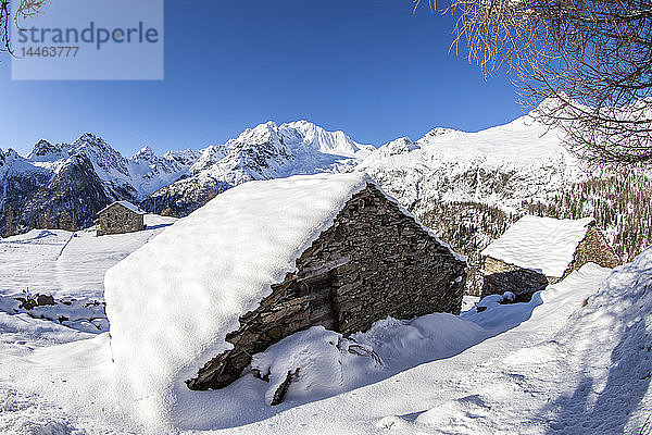 Schneebedeckte Hütte mit Monte Disgrazia im Hintergrund  Alpe dell'Oro  Valmalenco  Valtellina  Lombardei  Italien