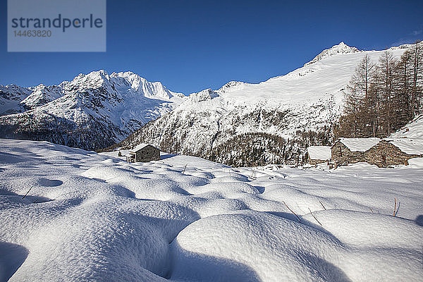 Hütten im Schnee mit Monte Disgrazia im Hintergrund  Alpe dell'Oro  Valmalenco  Valtellina  Provinz Sondrio  Lombardei  Italien