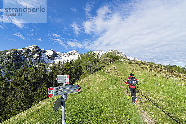 Wanderer auf Wanderweg  Motta di Olano  Valgerola  Valtellina  Provinz Sondrio  Lombardei  Italien