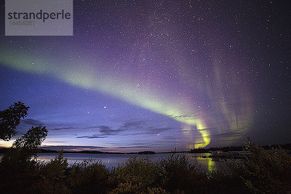 Das Nordlicht (Aurora Borealis) am Nachthimmel über dem Egenolfsee im Norden Manitobas  Kanada  Nordamerika