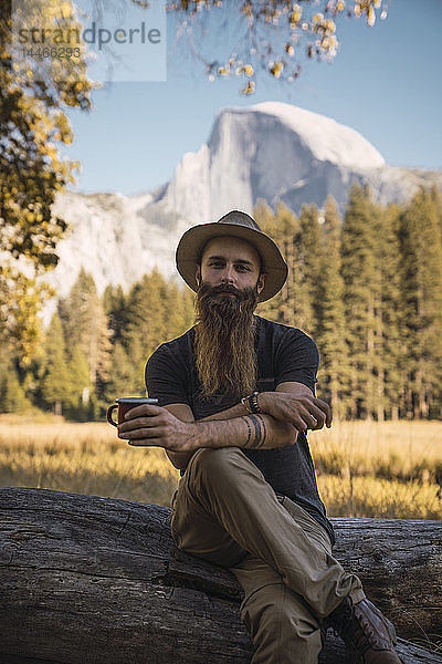 USA  Kalifornien  Porträt eines bärtigen Mannes  der auf einem Baumstamm im Yosemite-Nationalpark sitzt