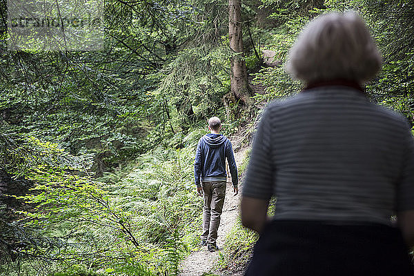 Österreich  Tirol  Kaisergebirge  Mutter und erwachsener Sohn wandern im Wald