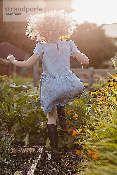 Rückenansicht eines glücklichen kleinen Mädchens  das im Garten herumspringt