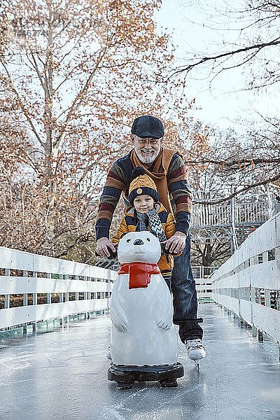 Grossvater und Enkel auf der Eisbahn  Schlittschuhlaufen  mit Eisbärenfigur als Requisite