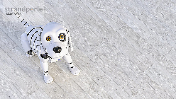 Porträt eines auf einem Holzboden sitzenden Roboterhundes  3D-Rendering