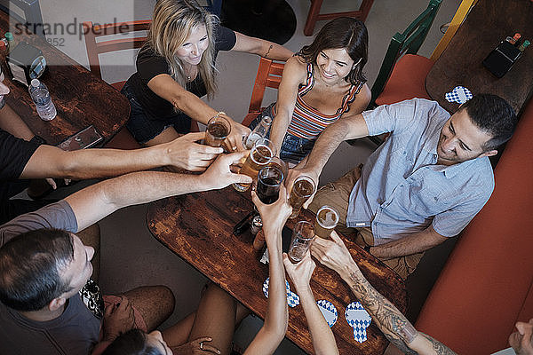 Freunde beim geselligen Beisammensein und klirrenden Biergläsern in einer Bar