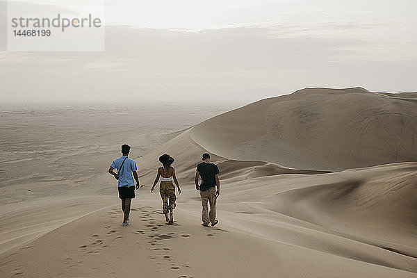 Namibia  Namib  Rückansicht von drei Freunden  die Seite an Seite auf einer Wüstendüne gehen