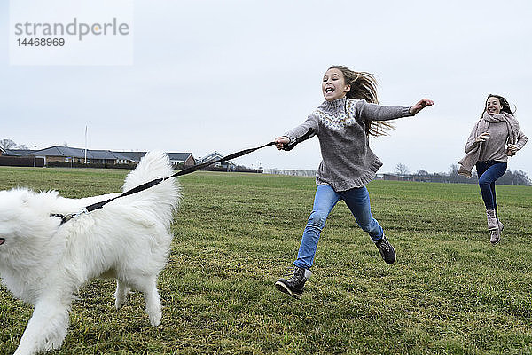 Zwei Mädchen rennen mit Hund auf einer Wiese und amüsieren sich