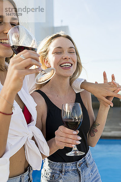 Freundinnen auf einer Dachterrasse  Spaß am Pool  Rotwein trinken