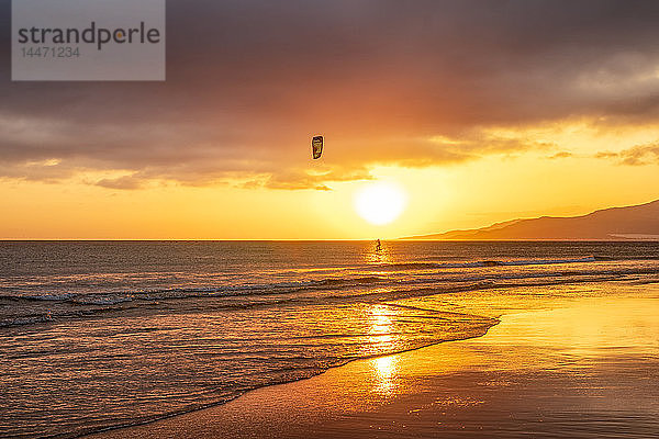 Spanien  Andalusien  Tarifa  Kitesurfer bei Sonnenuntergang