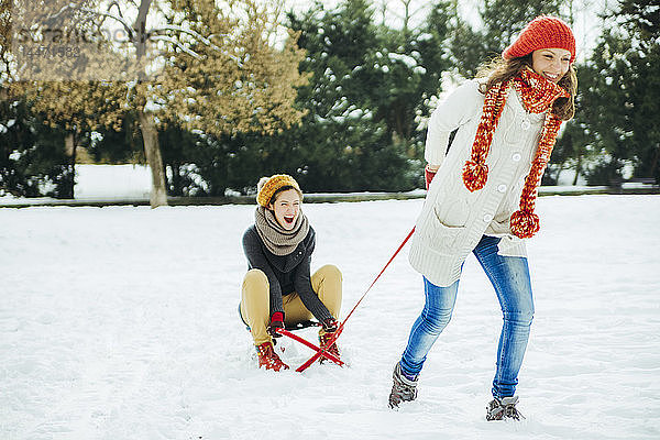 Zwei Freunde amüsieren sich im Schnee