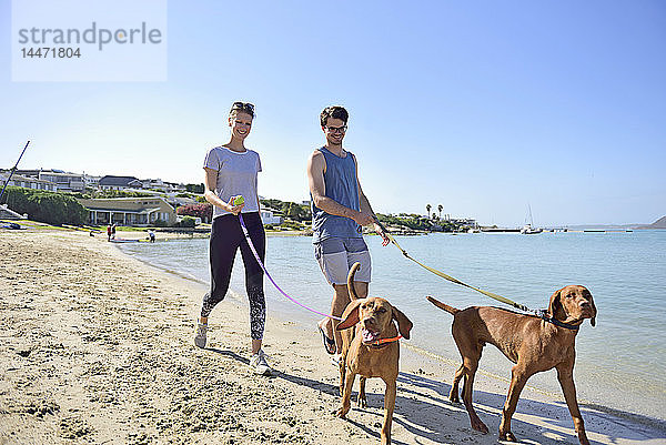 Junges Paar geht mit Hund am Strand spazieren