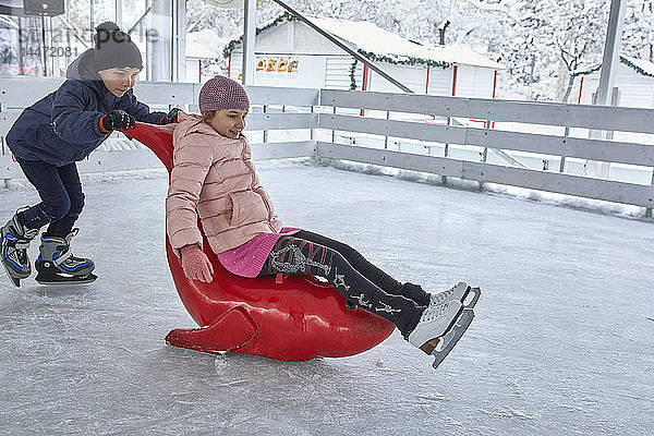 Bruder schiebt Schwester auf der Eisbahn  sitzt auf Robbenschlitten