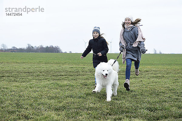 Zwei lachende Mädchen rennen auf einer Wiese mit Hund mit Pilz