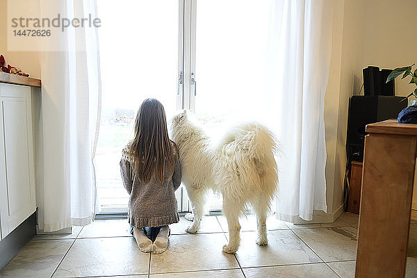 Rückenansicht eines Mädchens und ihres Hundes  die durch eine französische Tür schauen