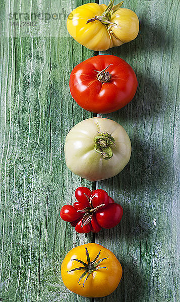 Reihe von fünf verschiedenen Tomaten auf grünem Holz