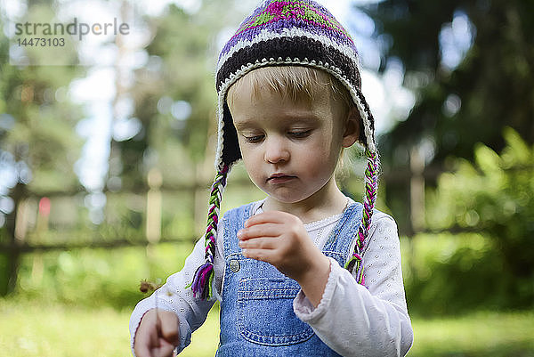 Porträt eines kleinen Mädchens mit Strickmütze  das etwas in der Hand hält
