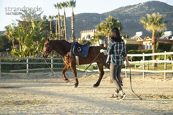Spanien  Tarifa  Frau führt Pferd auf dem Reitplatz