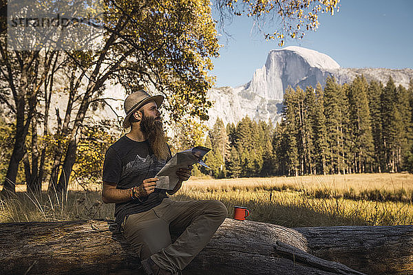 USA  Kalifornien  bärtiger Mann mit einer Karte auf einem Baumstamm im Yosemite National Park