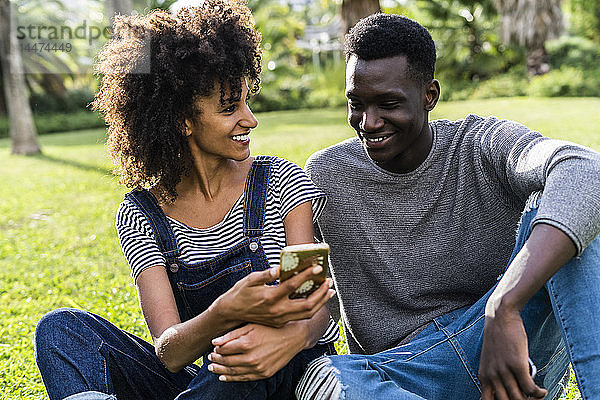 Glückliches Paar sitzt auf einem Rasen in einem Park und benutzt ein Smartphone