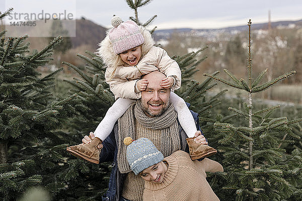 Porträt eines glücklichen Vaters mit zwei Kindern auf einer Weihnachtsbaumplantage