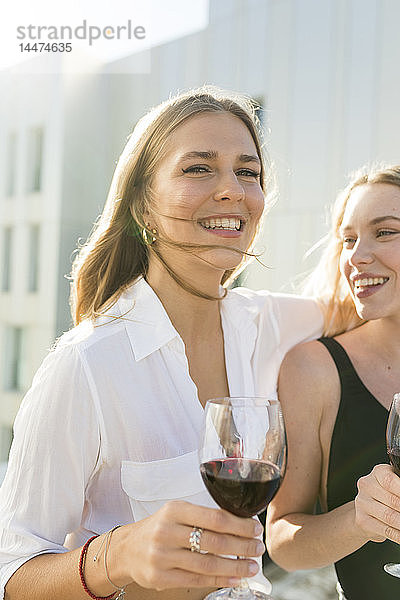 Freundinnen auf einer Dachterrasse  Spaß am Pool  Rotwein trinken