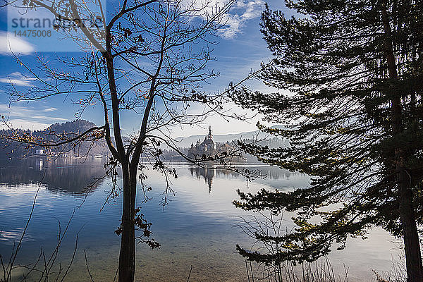 Slowenien  Gorenjska  Bled  Panoramablick auf den Bleder See mit der Insel Bled