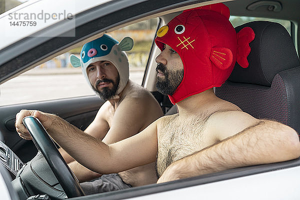 Schwules Paar im Auto mit Tierhüten