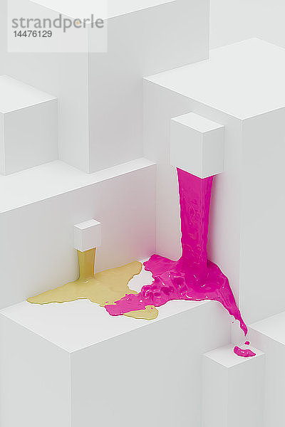 Rosa und gelbe Farbe  die auf abstrakten 3D-Eckformen fließt