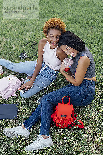 Zwei glückliche Freundinnen entspannen sich in einem Park