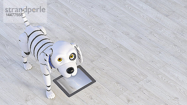 Porträt eines Roboterhundes  der ein Tablett in der Schnauze hält  3D-Darstellung