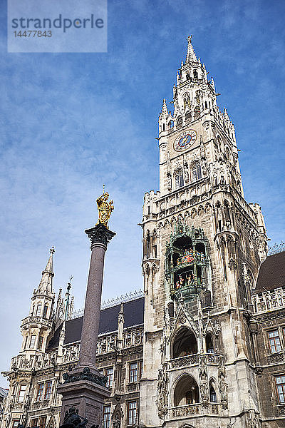 Deutschland  Bayern  München  Glockenturm des neuen Rathauses mit der Mariensäule auf dem Marienplatz