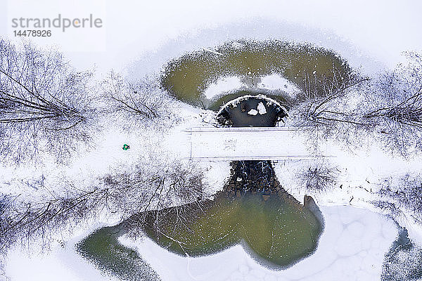 Deutschland  Baden-Württemberg  Rems-Murr-Kreis  Schwäbischer Wald  Luftaufnahme von Wald und Herrenbach-Stausee im Winter