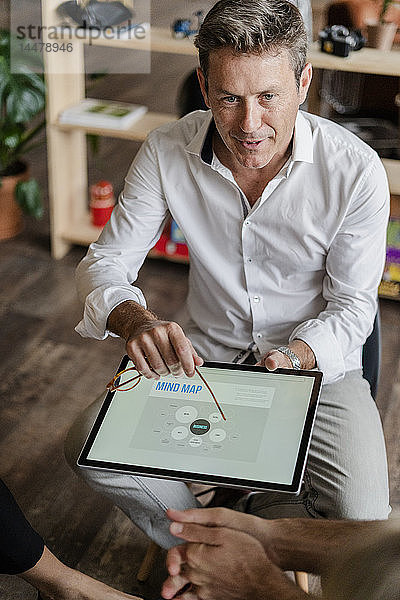 Geschäftsmann erklärt eine Mind Map auf einem Tablet-Bildschirm während einer Präsentation im Loft-Büro