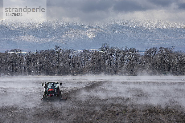 Hokkaido  Traktor  der ein Feld sät  während es vom warmen Boden verdampft