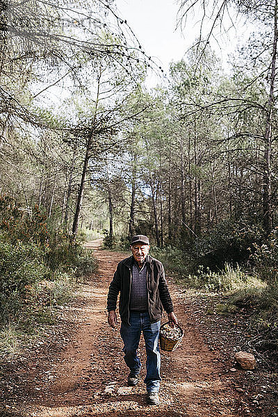 Porträt eines lächelnden älteren Mannes  der mit einem Korb voller Pilze im Wald spazieren geht