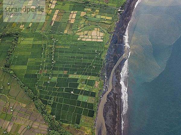 Indonesien  Bali  Keramas  Luftaufnahme des Strandes von Klotok  Reisfelder