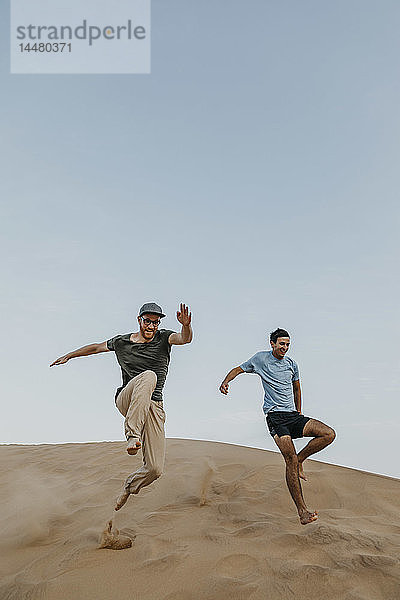 Namibia  Namib  zwei Freunde springen von einer Wüstendüne