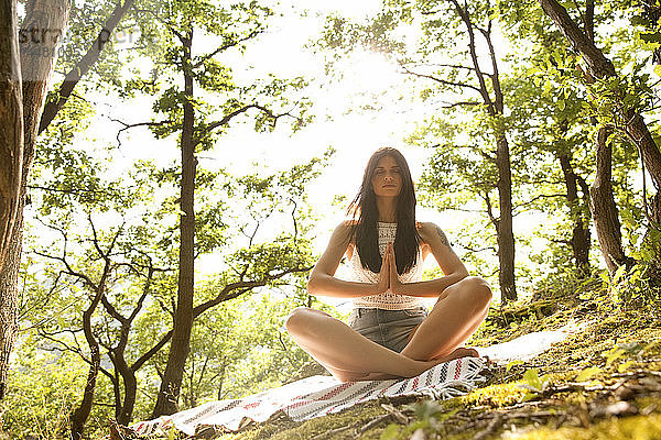 Junge Frau sitzt auf einer Decke im Wald und praktiziert Yoga