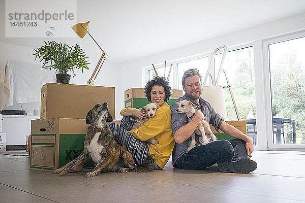 Glückliches Paar sitzt im Wohnzimmer mit Hunden und Pappkartons