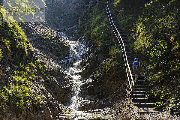 Deutschland  Bayern  Werdenfelser Land  Wanderin beim Treppensteigen
