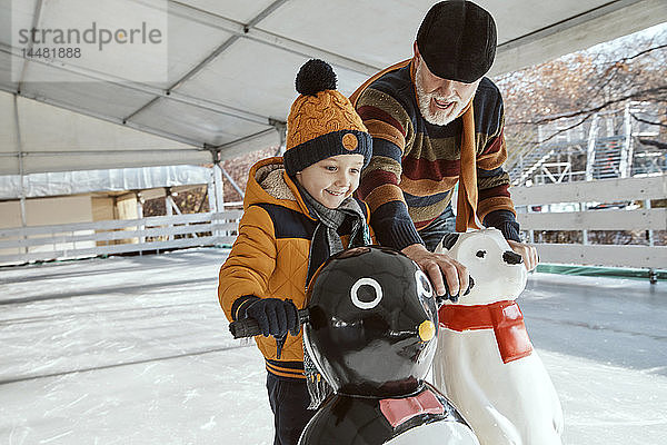 Grossvater und Enkel auf der Eisbahn  Schlittschuhlaufen  mit Eisbärenfigur als Requisite