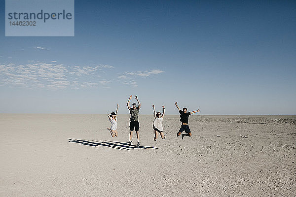 Freunde reisen in der Wüste  springen vor Freude