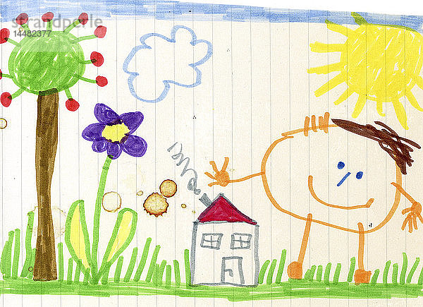Kinderzeichnung  glückliches Kind  Haus und Garten