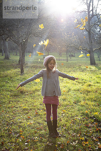 Junges Mädchen im Herbst auf der Wiese  Herbstblätter
