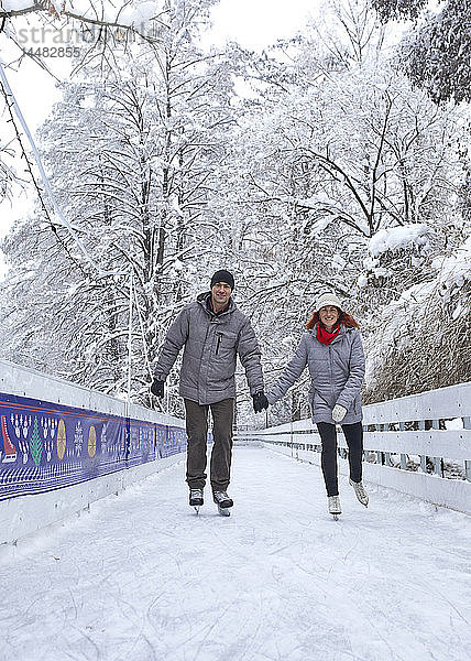 Paarlauf auf dem Eis  Händchen haltend