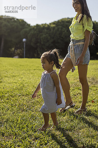 Kleines Mädchen  das mit seiner Mutter auf einem Rasen in einem Park spazieren geht