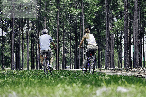 Älteres Paar beim Radfahren im Wald