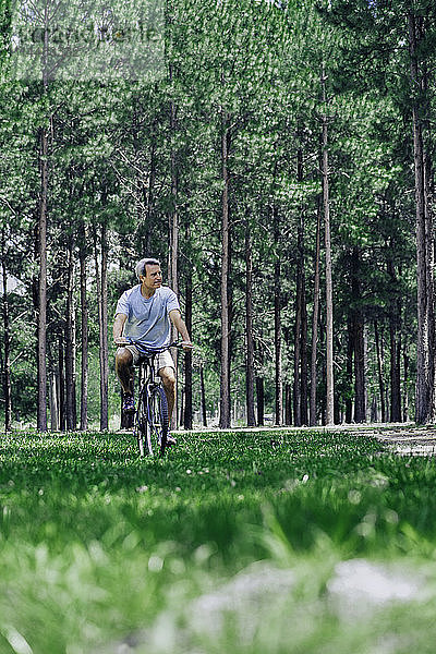 Älterer Mann beim Radfahren im Wald